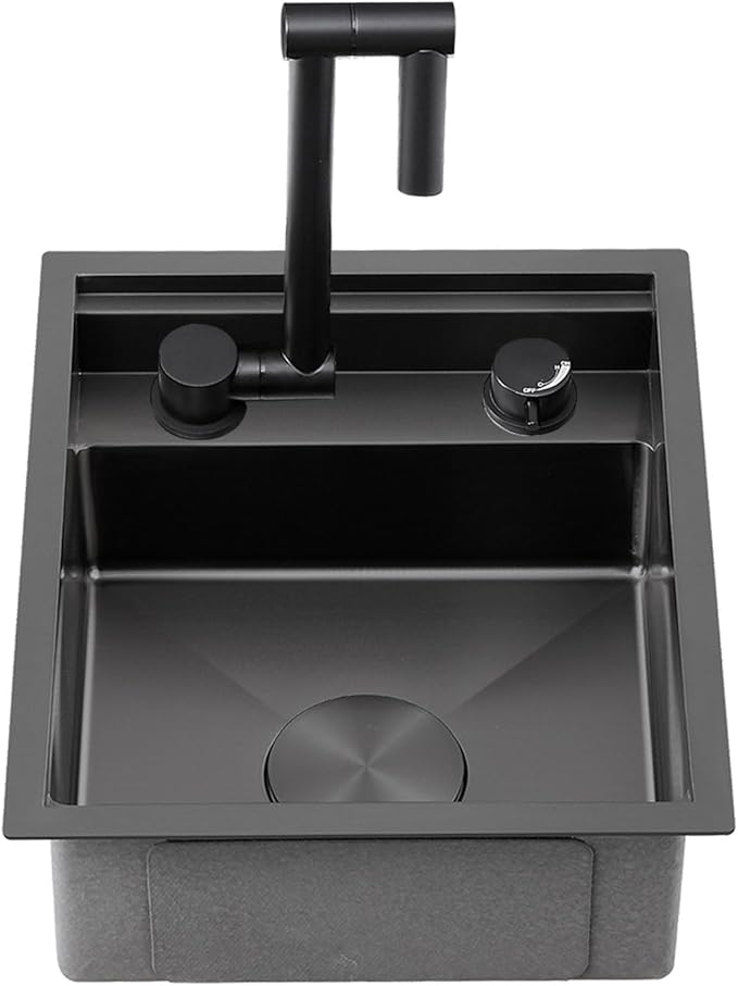 15" x 18" RV Kitchen Sink, Stainless Steel Drop-in/Undermount Single Bowl Bar Sink with Folding Faucet for RV Camper, Wet Bar, Workstation (Black)