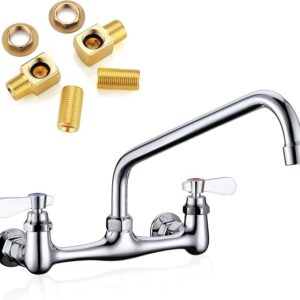 Wall Mount Faucet 8 Inch Center Commercial Kitchen Faucet, 12 Inches Swivel Spout Wall-Mount Utility Sink Faucets, 2 Handle Wall Mounted Faucets for Kitchen Laundry Room Restaurant