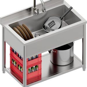 Stainless Steel Utility Sink, Large Freestanding Laundry Sink with Pull-out Faucet for Kitchen, Bathroom, Laundry Room, Garage, Outdoor/Indoor Use, Pet Cleaning, D21.65 x W35.43 x H36.61 inch